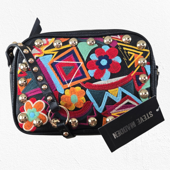 Steve Madden Braye Black Crossbody Bag Boho Embroidered Floral Studded Purse - Picture 1 of 13